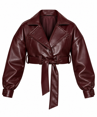 Women’s Burgundy Cropped Genuine Leather Jacket with Belt