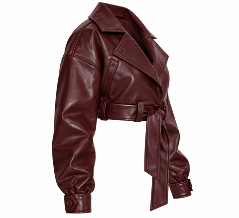 Women’s Burgundy Cropped Genuine Leather Jacket with Belt