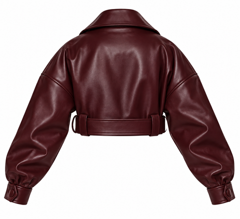 Women’s Burgundy Cropped Genuine Leather Jacket with Belt