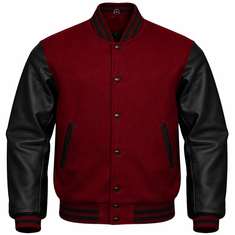 A varsity-style jacket with a Burgundy  body and black faux-leather sleeves, featuring black and white striped ribbed collar, cuffs, and hem, and black button closures.