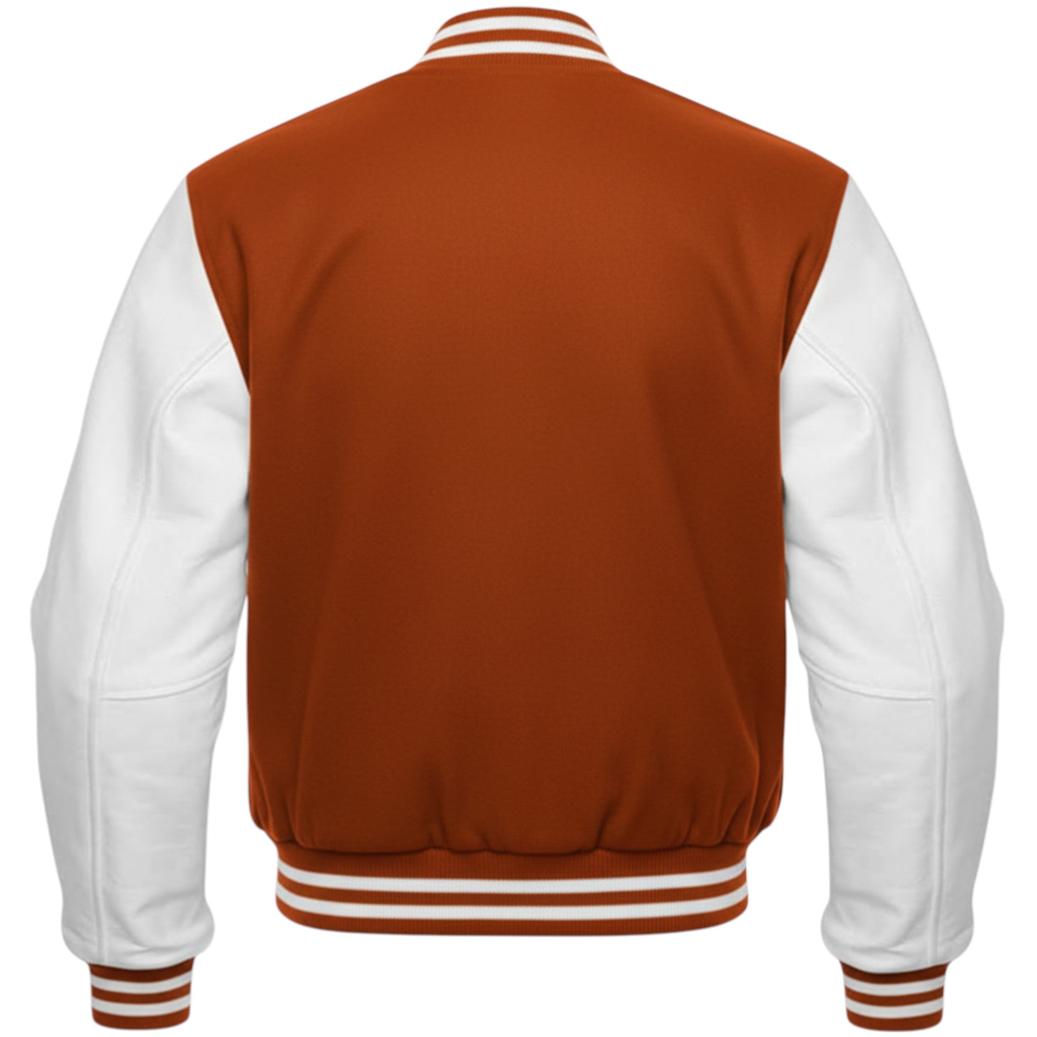 Burnt and white varsity jacket on a white background