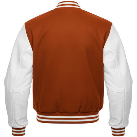 Burnt and white varsity jacket on a white background