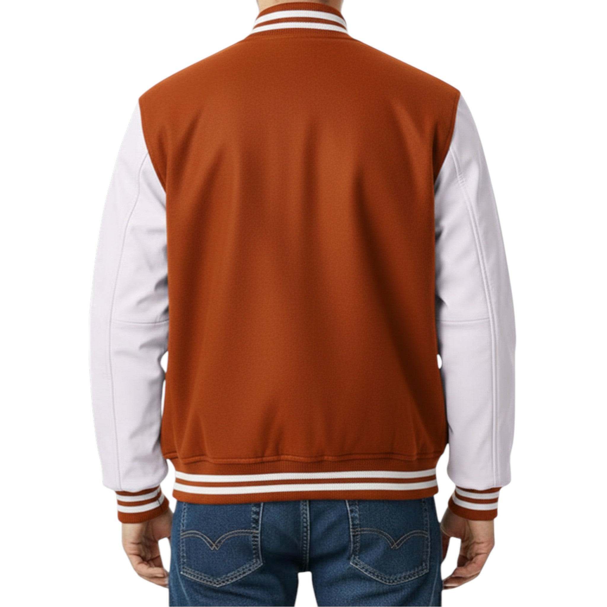 Burnt and white varsity jacket worn by a person on a white background