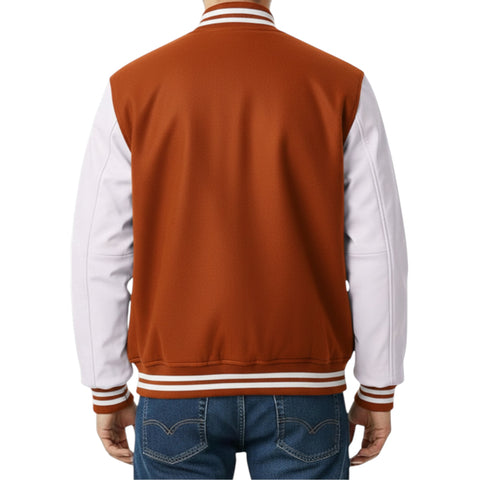 Burnt and white varsity jacket worn by a person on a white background
