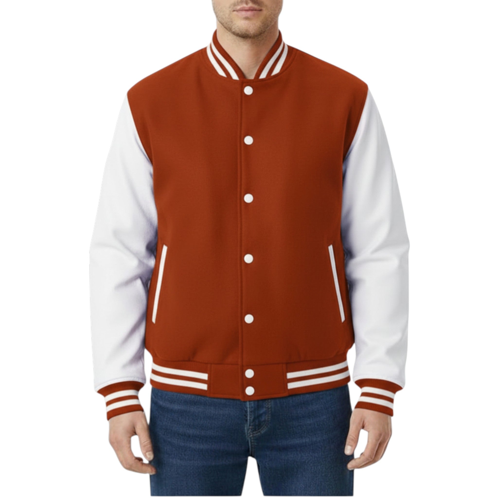 Burnt and white varsity jacket worn by a person on a white background