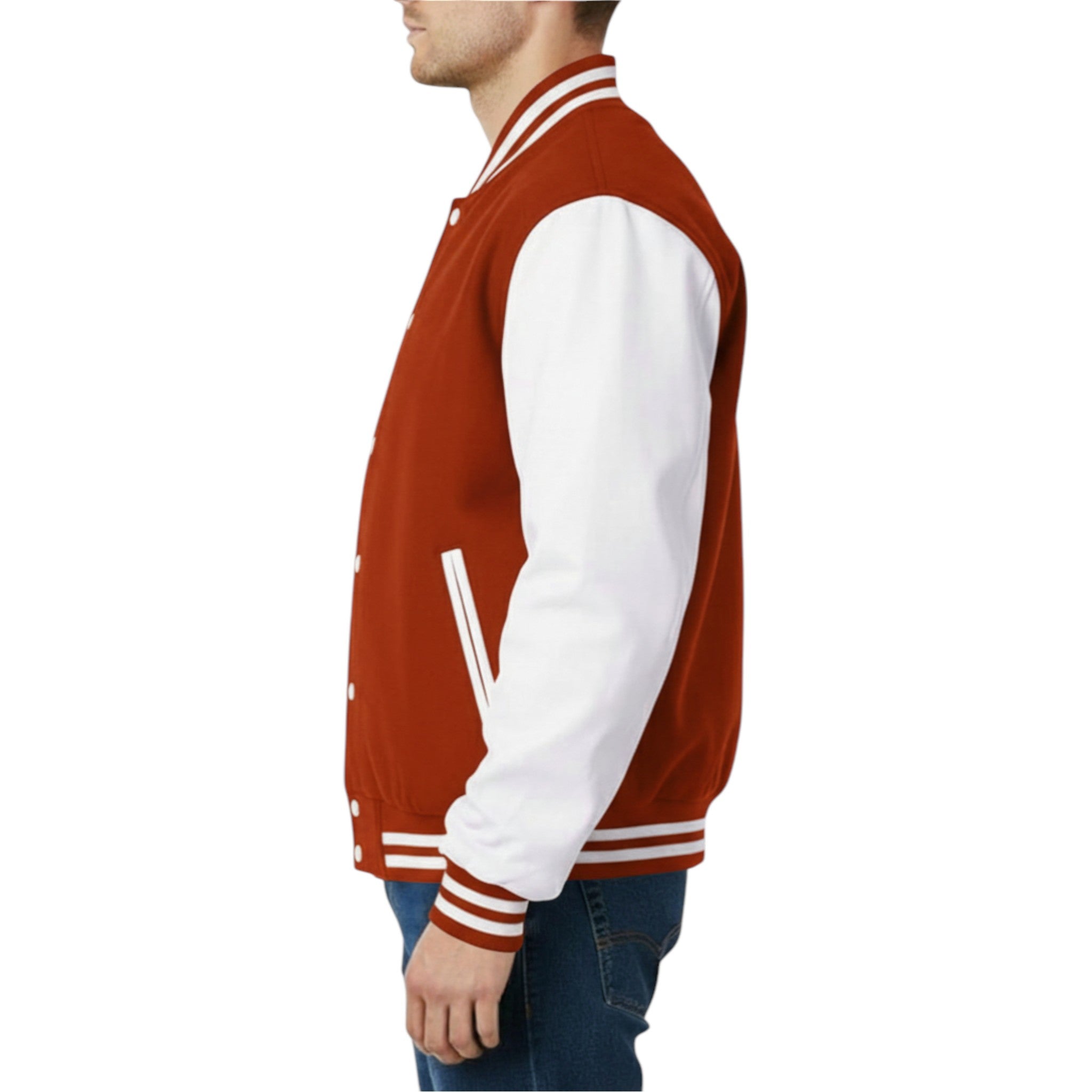 Burnt and white varsity jacket worn by a person on a white background