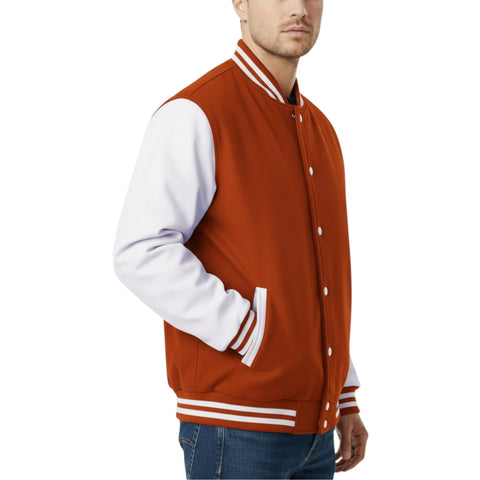 Man wearing a Burnt and white varsity jacket on a white background