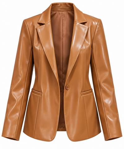 Women’s Cognac Brown Leather Blazer – Elegant Two-Button Tailored Jacket