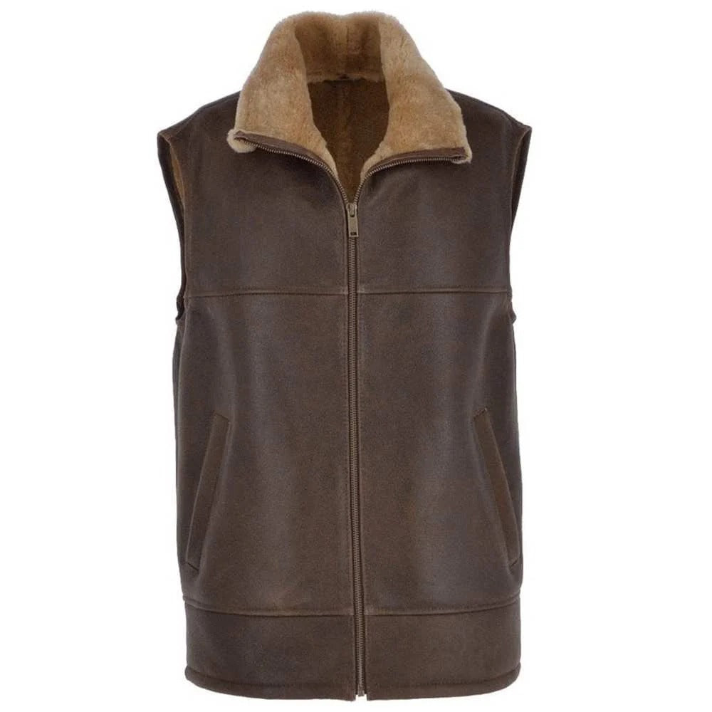 A brown leather vest with a tan shearling-style collar, featuring a front zipper and side pockets, shown against a plain white background.