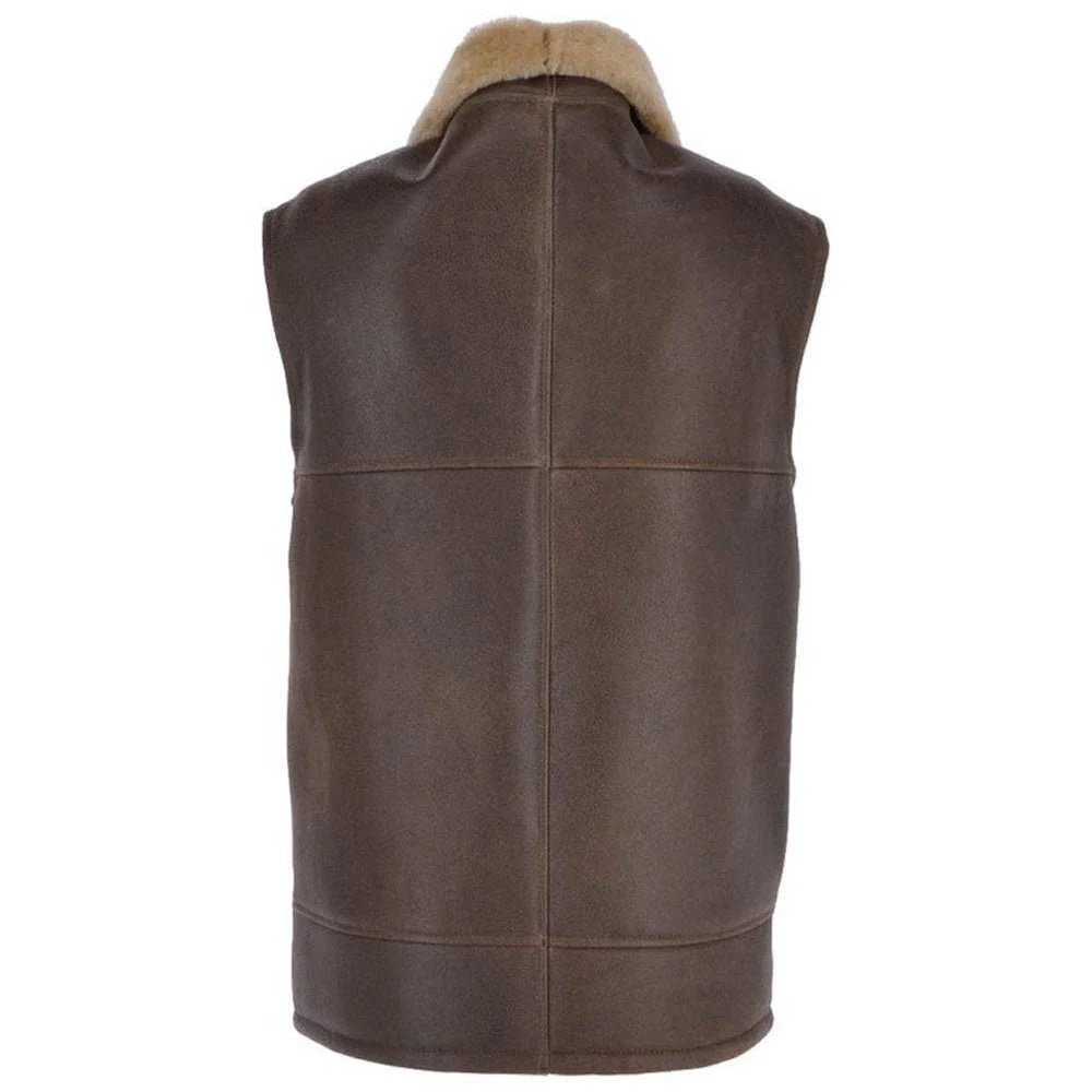A brown leather aviator-style vest with a tan shearling collar, shown from the back on a white background.