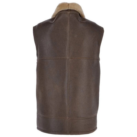 A brown leather aviator-style vest with a tan shearling collar, shown from the back on a white background.