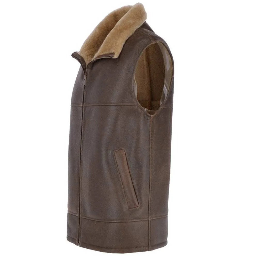 Brown leather vest with beige fur lining on a white background