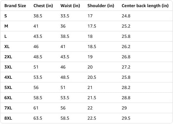 US Regular Size Chart for Born Free Vest with measurements in inches.