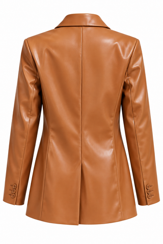 Women’s Cognac Brown Leather Blazer – Elegant Two-Button Tailored Jacket