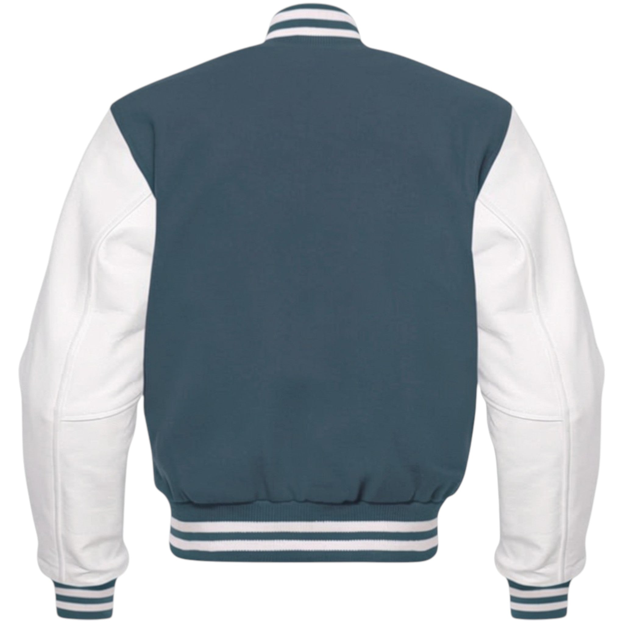 Varsity jacket with Charcoal back and white sleeves on a white background