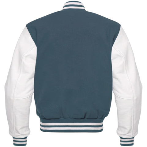 Varsity jacket with Charcoal back and white sleeves on a white background