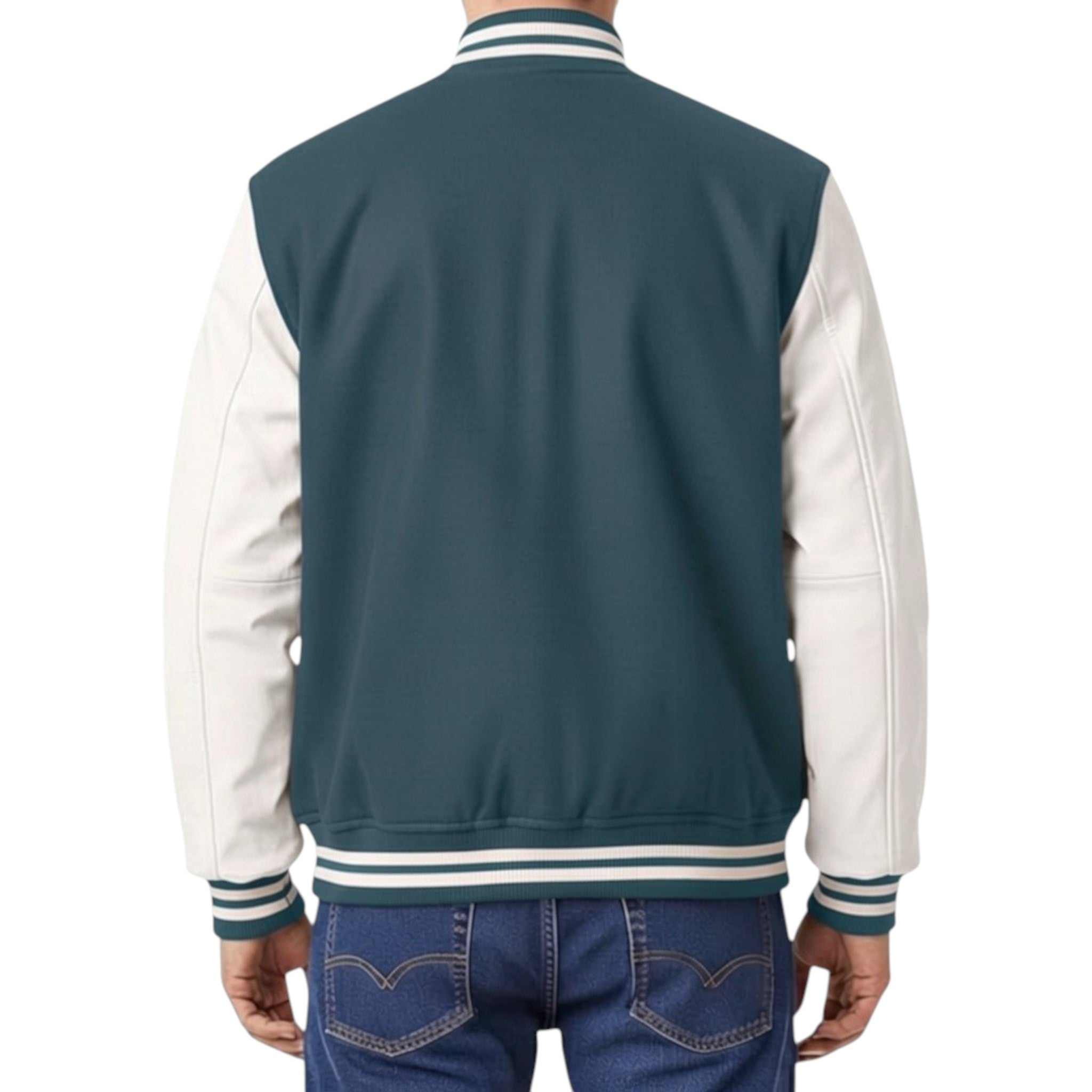 Back view of a person wearing a Charcoal and white varsity jacket with denim pants on a white background