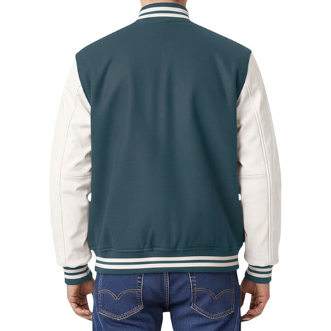 Back view of a person wearing a Charcoal and white varsity jacket with denim pants on a white background