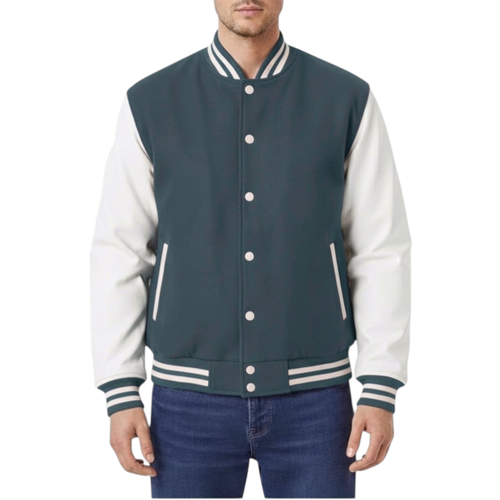 Man wearing a Charcoal and white varsity jacket on a white background