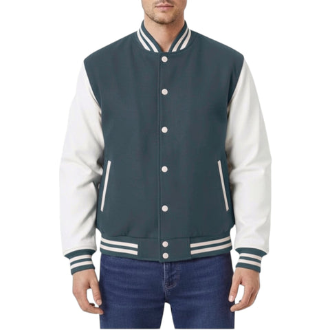 Man wearing a Charcoal and white varsity jacket on a white background