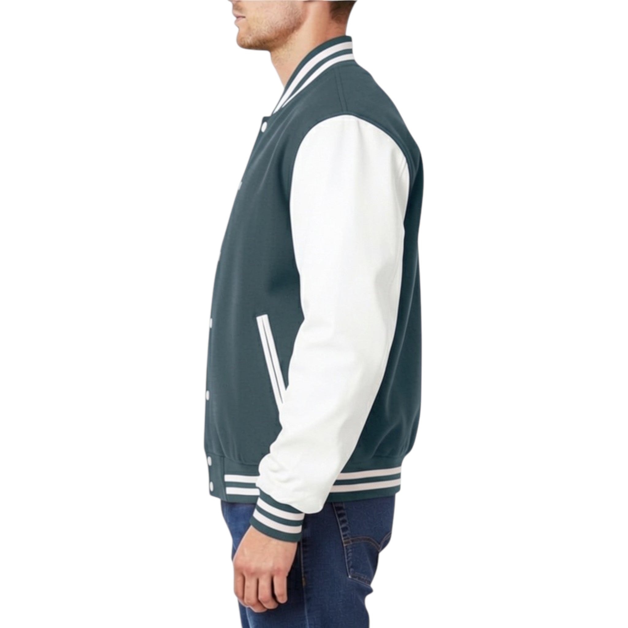 Person wearing a Charcoal and white varsity jacket on a white background
