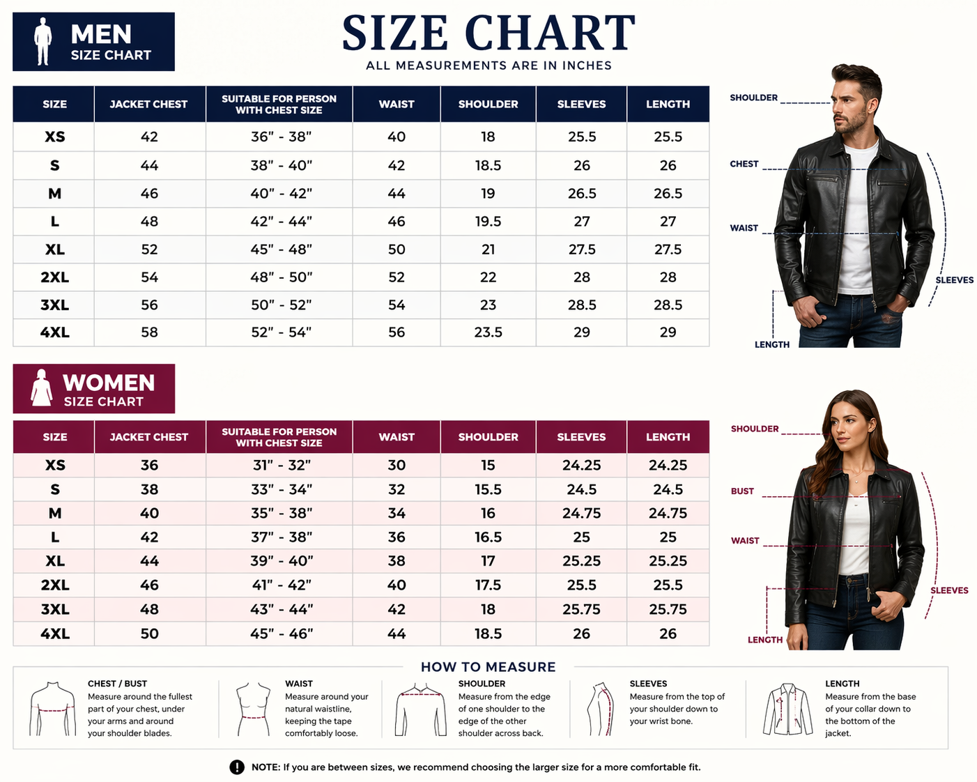 Size chart for men's and women's clothing with measurements in inches.