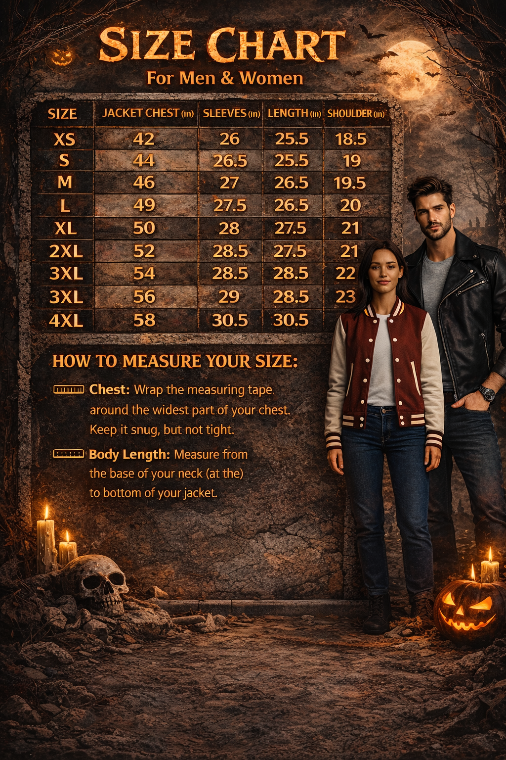 Size chart for jackets with a couple standing next to it, set against a dark, Halloween-themed background.