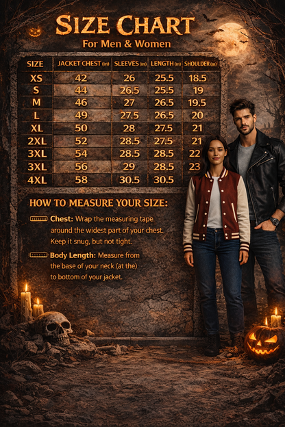 Size chart for jackets with a couple standing next to it, set against a dark, Halloween-themed background.