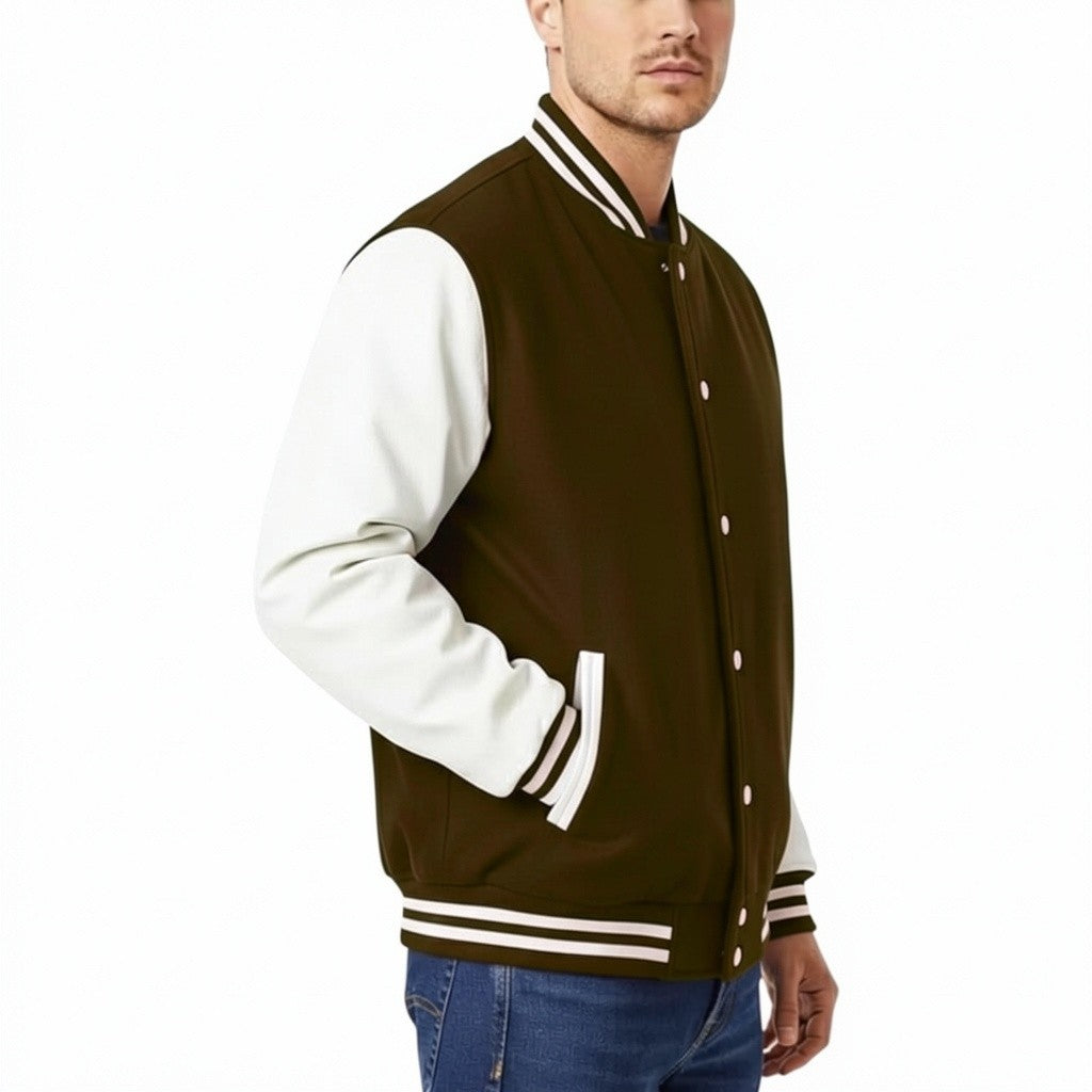 Man wearing a Chocolate white varsity jacket on a white background
