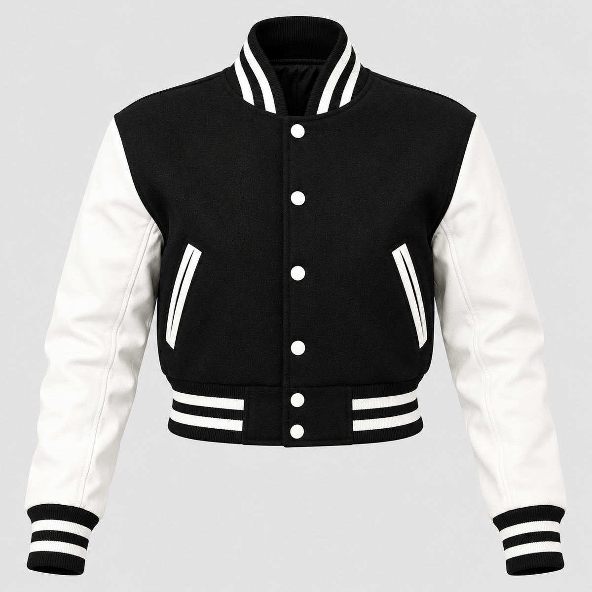 Black White Cropped Varsity Jacket Women Leather Sleeves