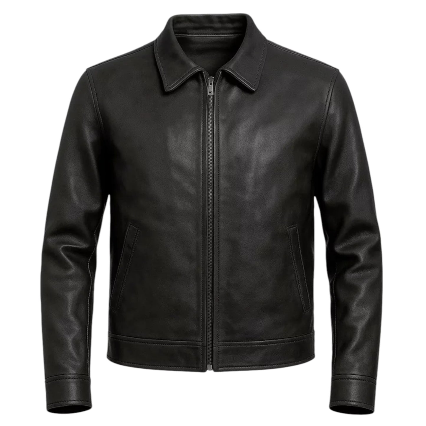 FTL Men Classic Black Leather Car Coat Jacket Zip Front