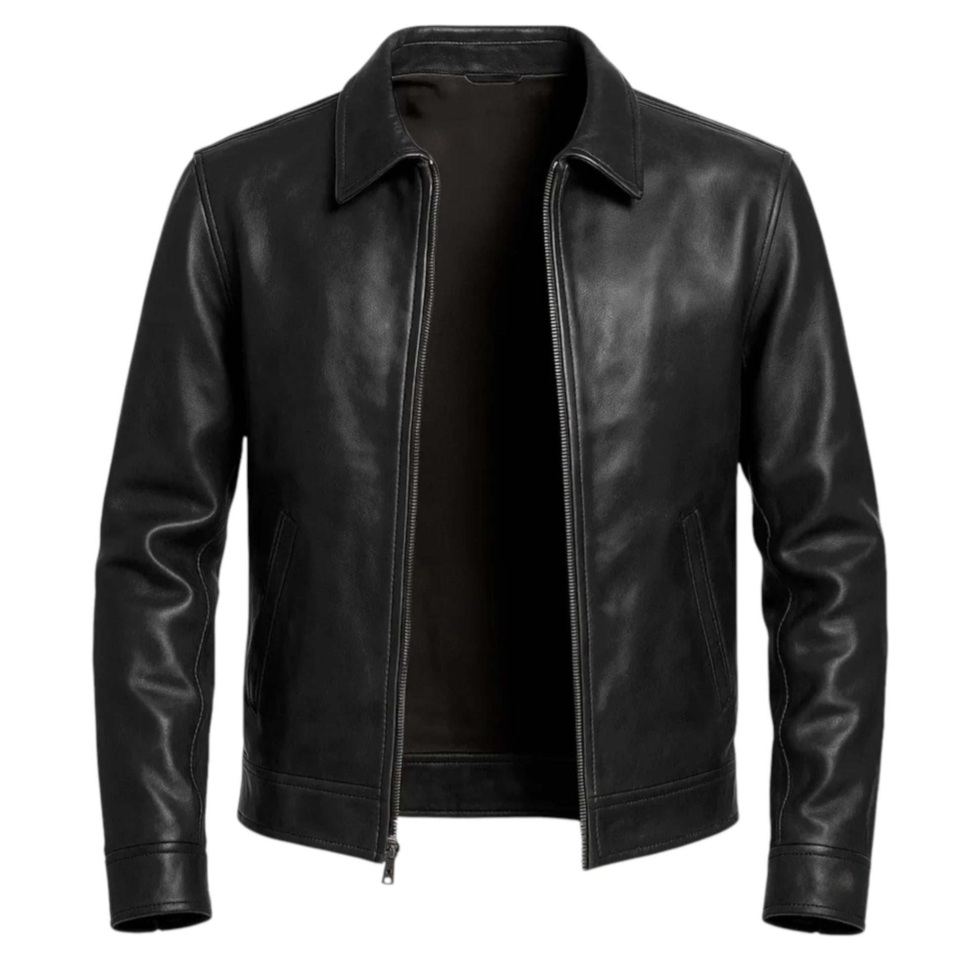 FTL Men Classic Black Leather Car Coat Jacket Zip Front