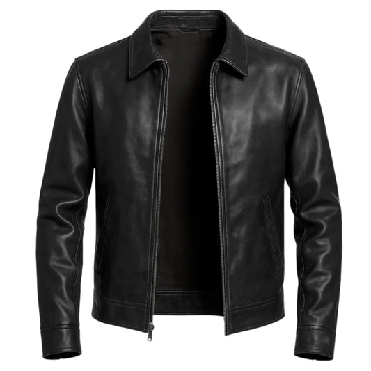 FTL Men Classic Black Leather Car Coat Jacket Zip Front