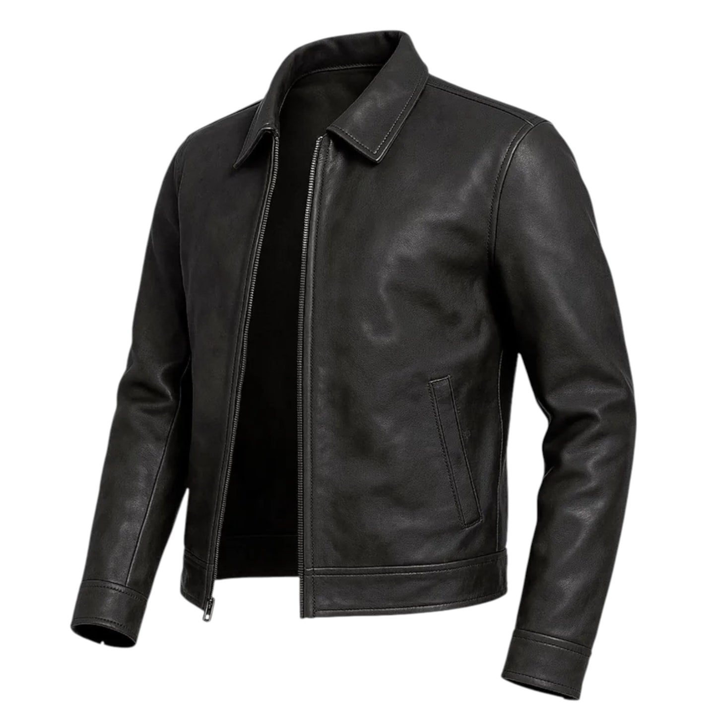 FTL Men Classic Black Leather Car Coat Jacket Zip Front