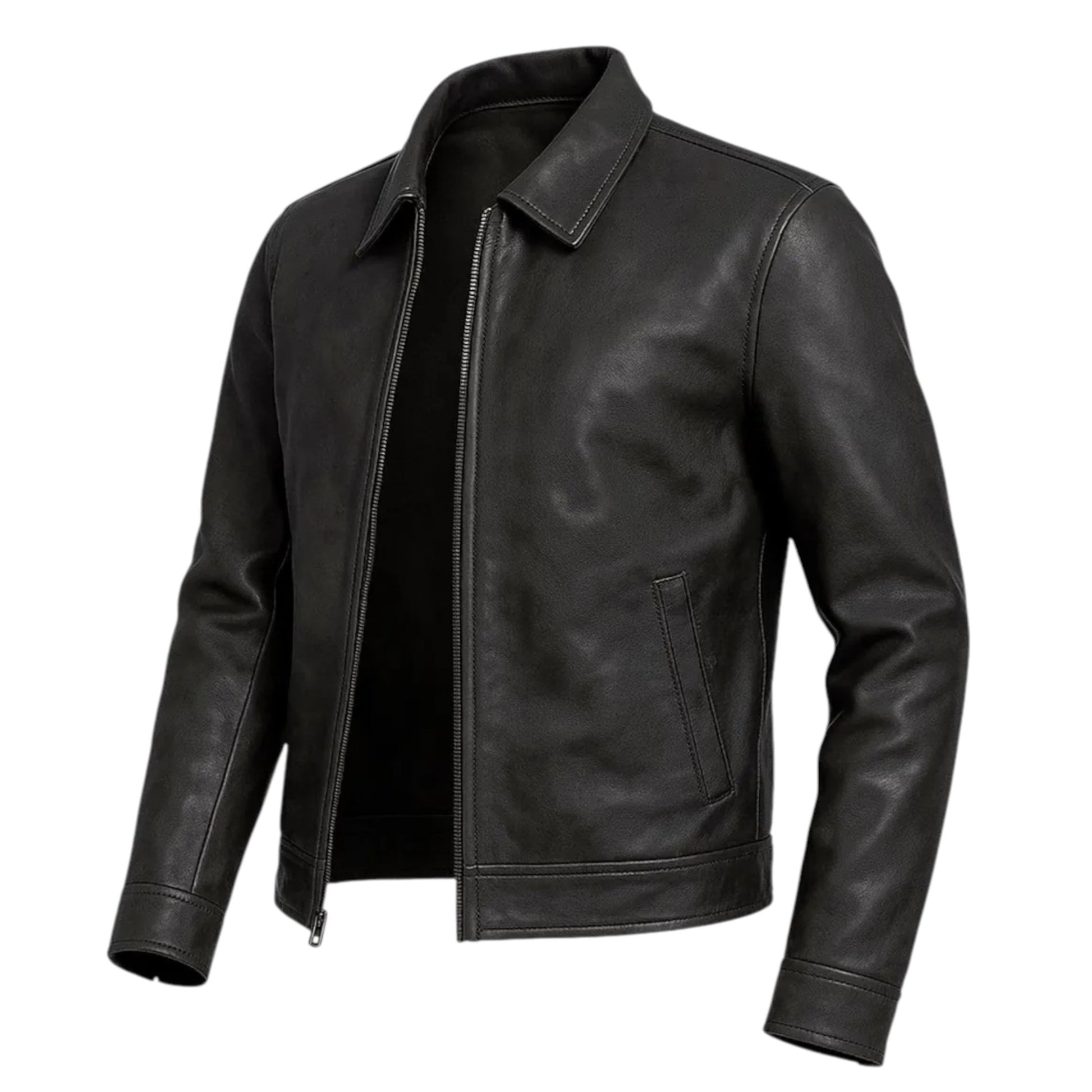 FTL Men Classic Black Leather Car Coat Jacket Zip Front