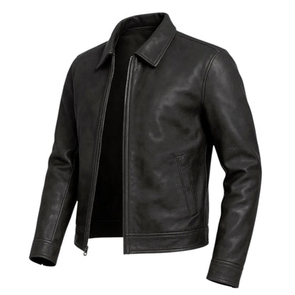 FTL Men Classic Black Leather Car Coat Jacket Zip Front