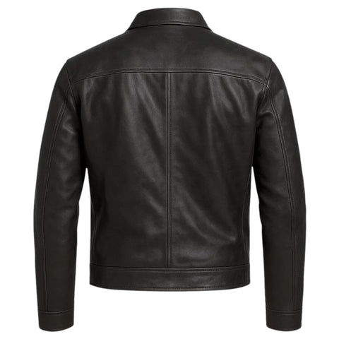 FTL Men Classic Black Leather Car Coat Jacket Zip Front