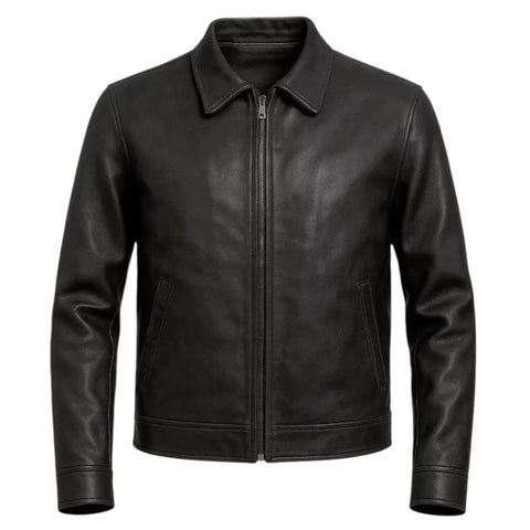 FTL Men Classic Black Leather Car Coat Jacket Zip Front