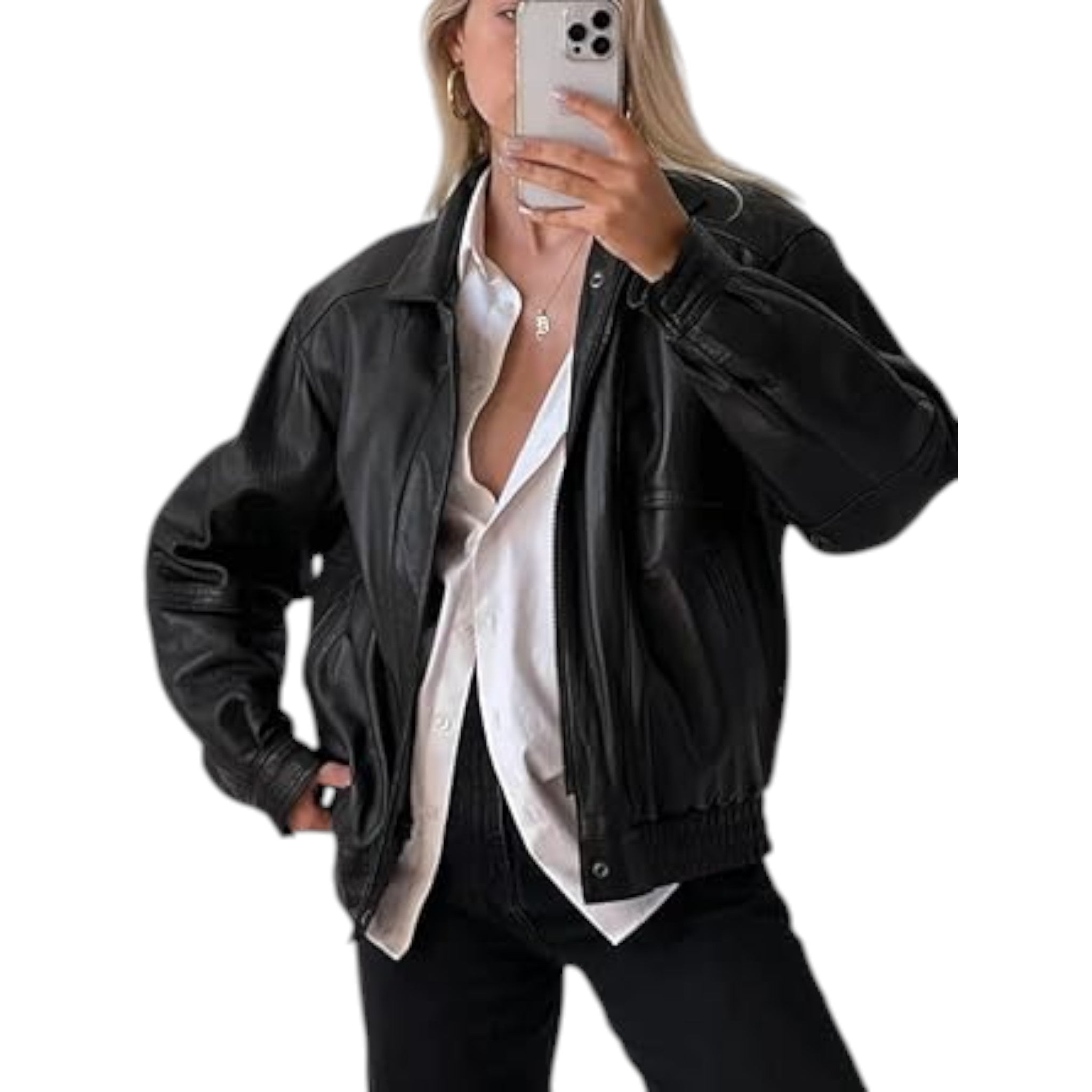 Person wearing a black leather jacket over a white shirt on a white background