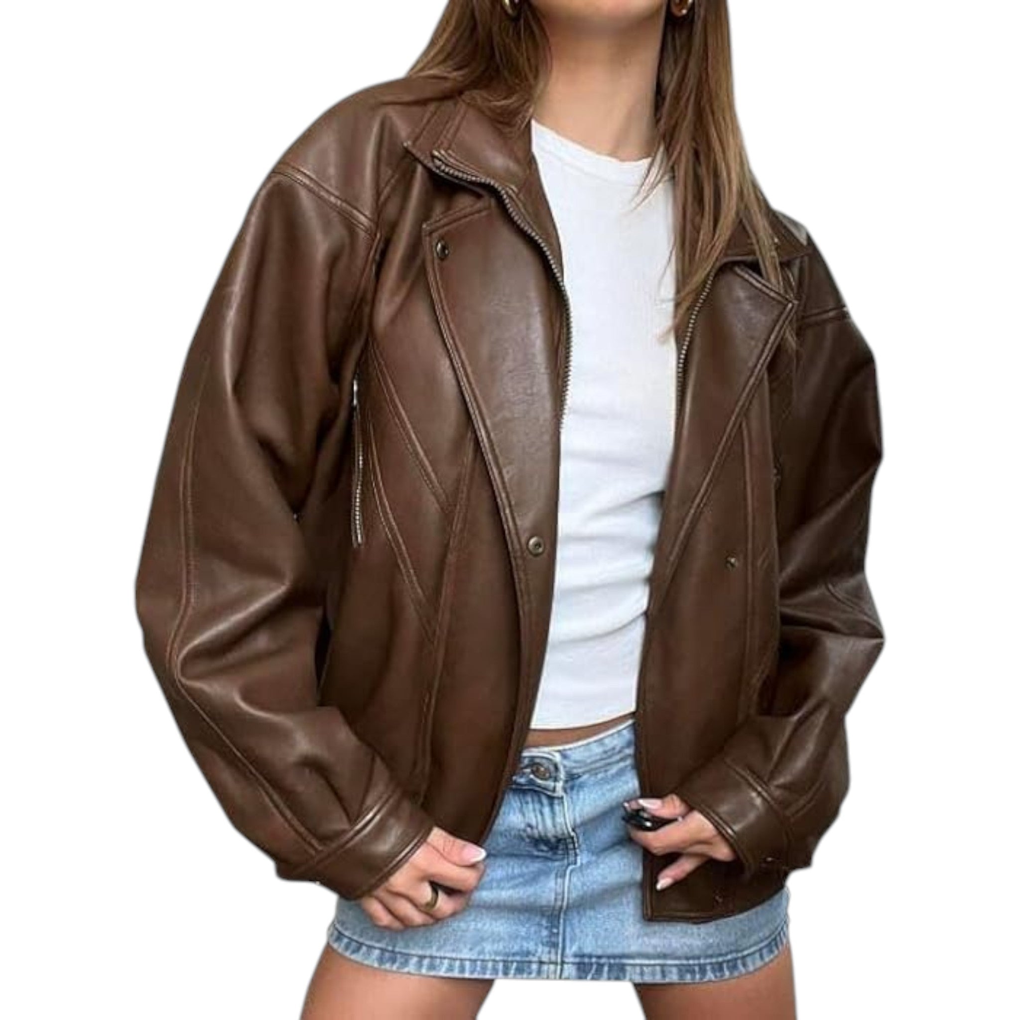 Brown leather jacket worn by a person on a white background