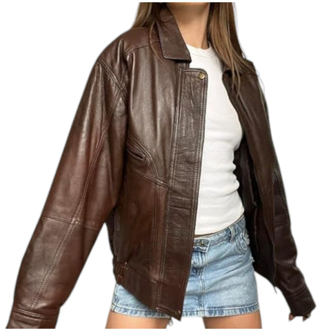 Brown leather jacket worn by a person on a white background