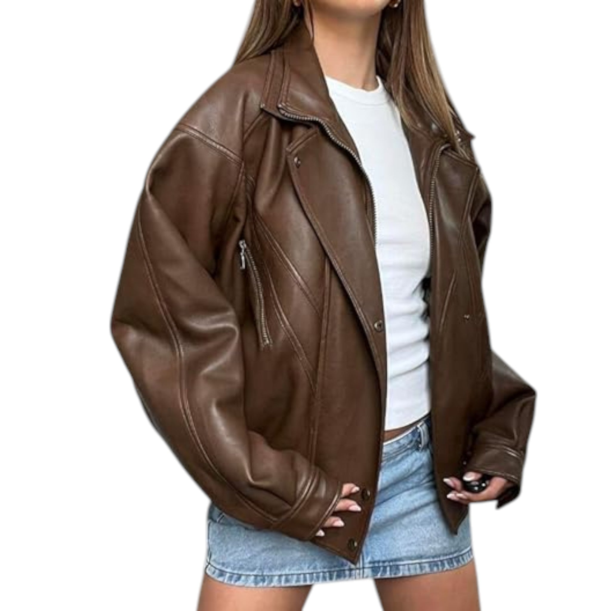 Brown leather jacket worn by a person on a white background