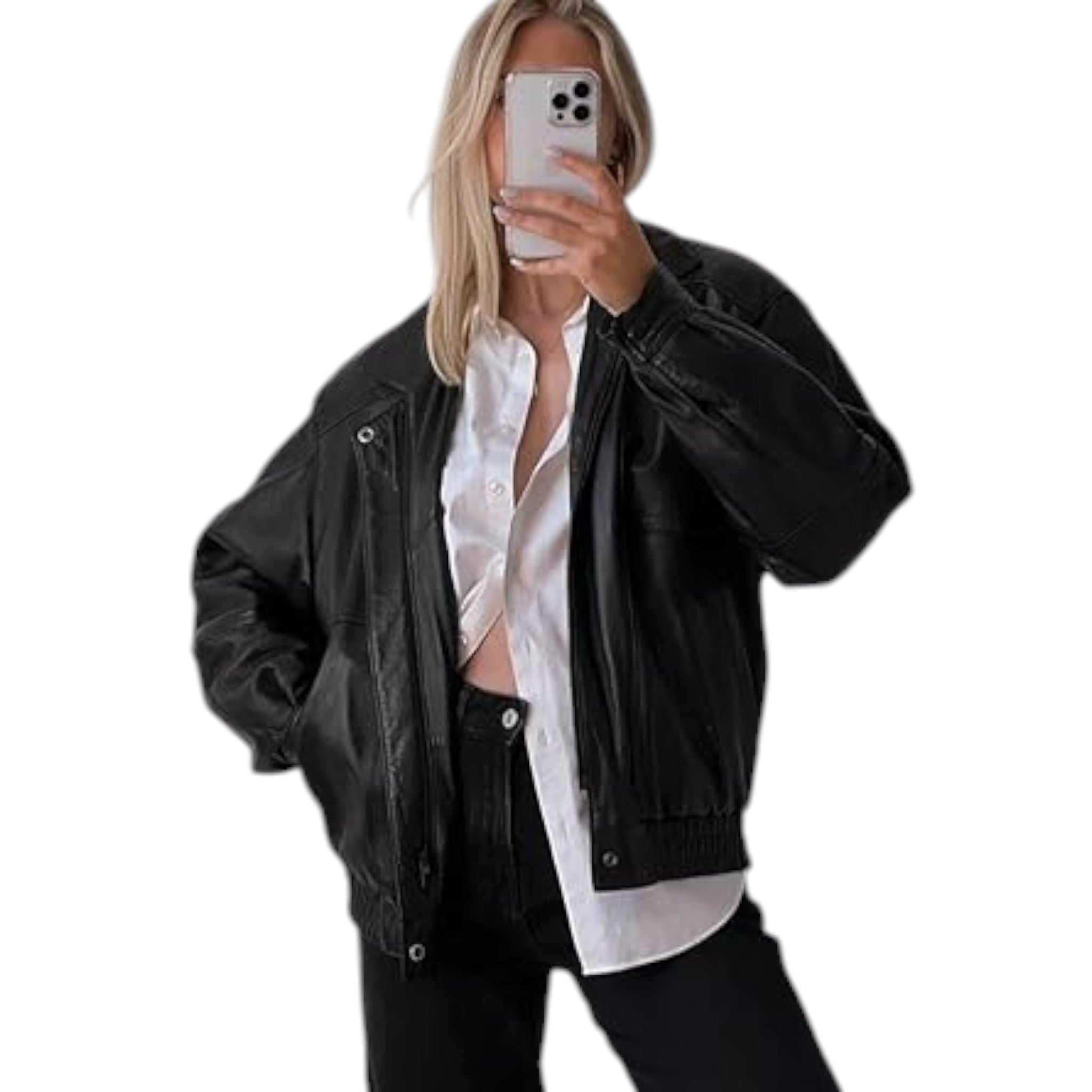Person wearing a black jacket over a white shirt on a white background