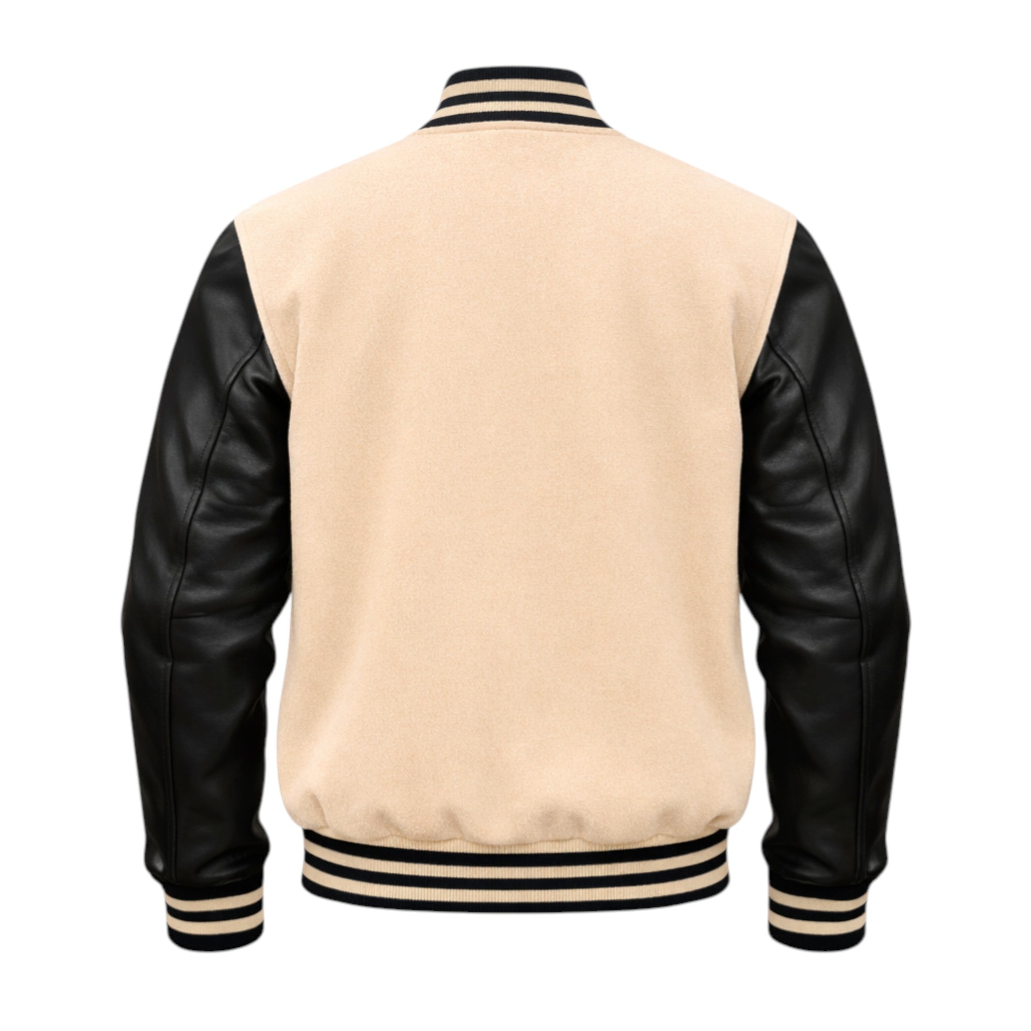 Beige varsity jacket with black leather sleeves on a white background