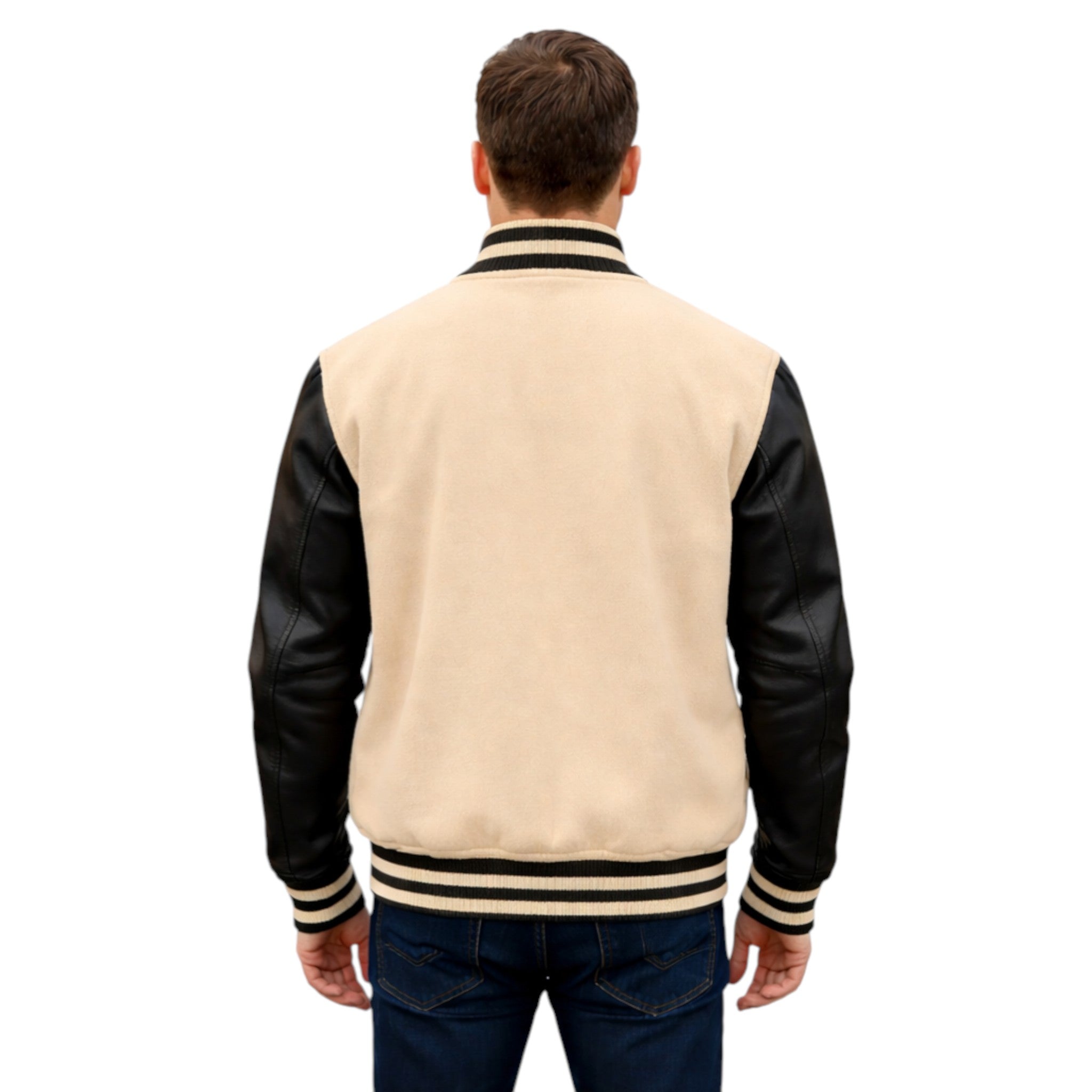 Man wearing a beige varsity jacket with black sleeves on a white background