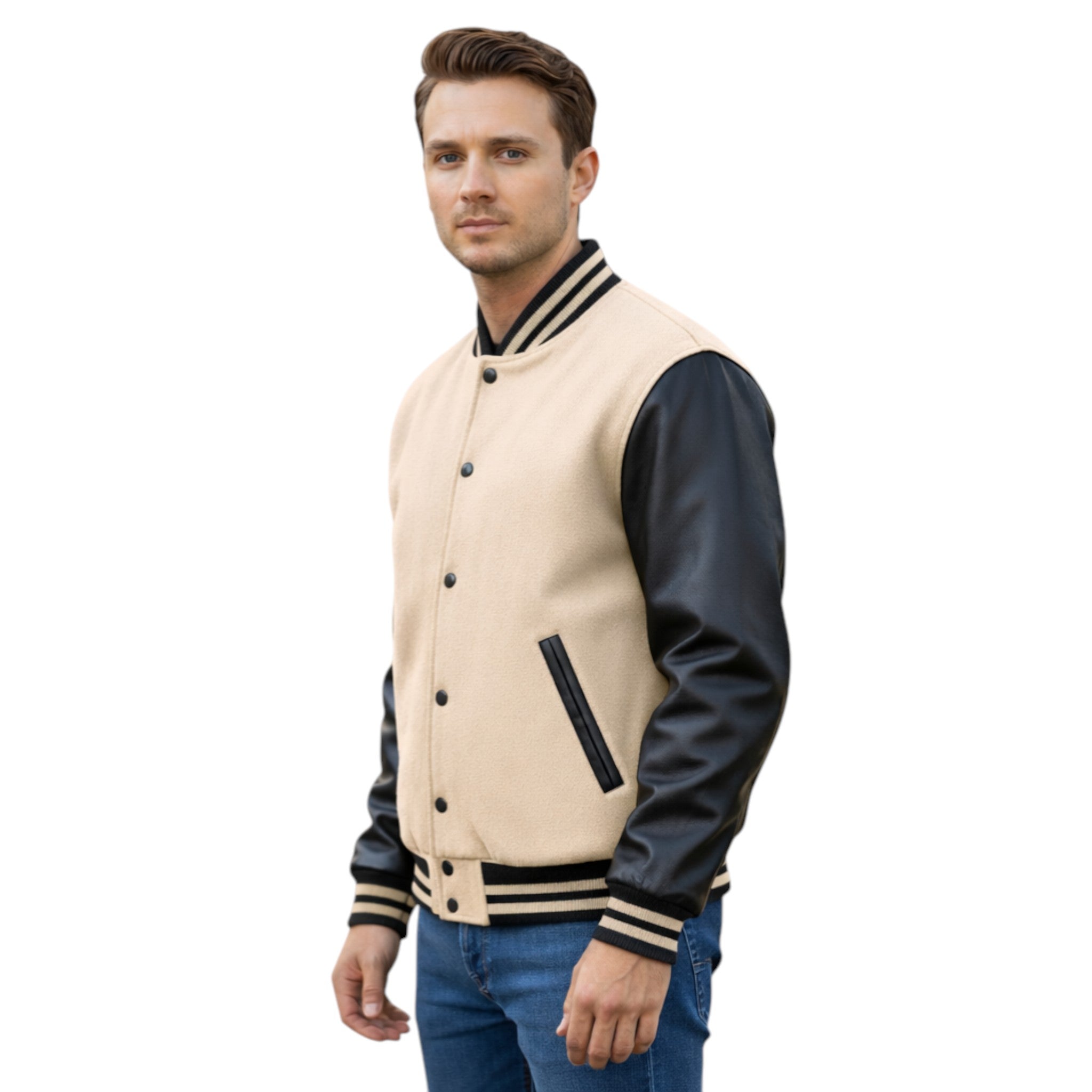 Man wearing a beige and black varsity jacket on a white background
