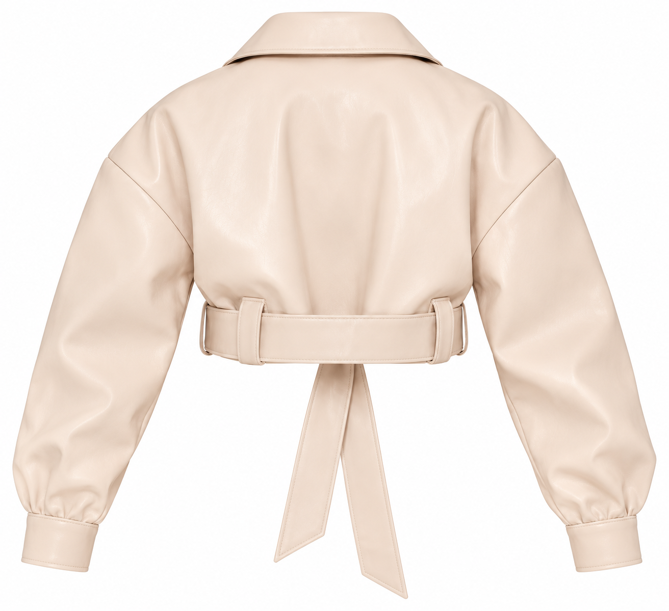 A cropped faux leather jacket shown from the back, featuring a collar, long sleeves with cuffed ends, and a matching tie belt at the waist, in a light cream or beige color.