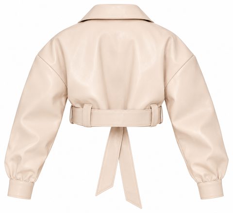 A cropped faux leather jacket shown from the back, featuring a collar, long sleeves with cuffed ends, and a matching tie belt at the waist, in a light cream or beige color.