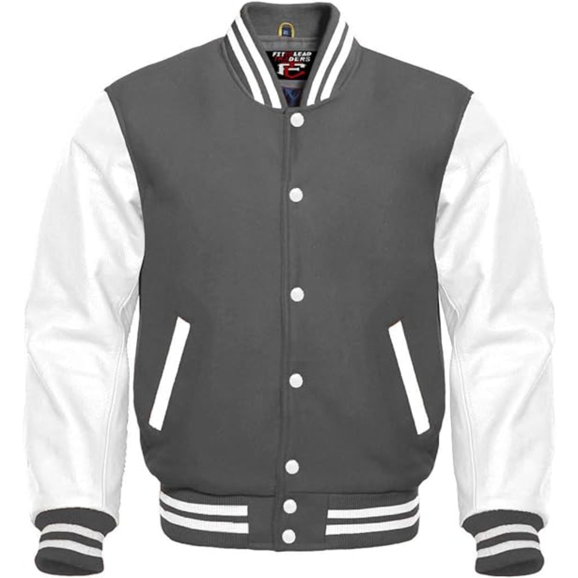 Gray and white varsity jacket with brand label on collar