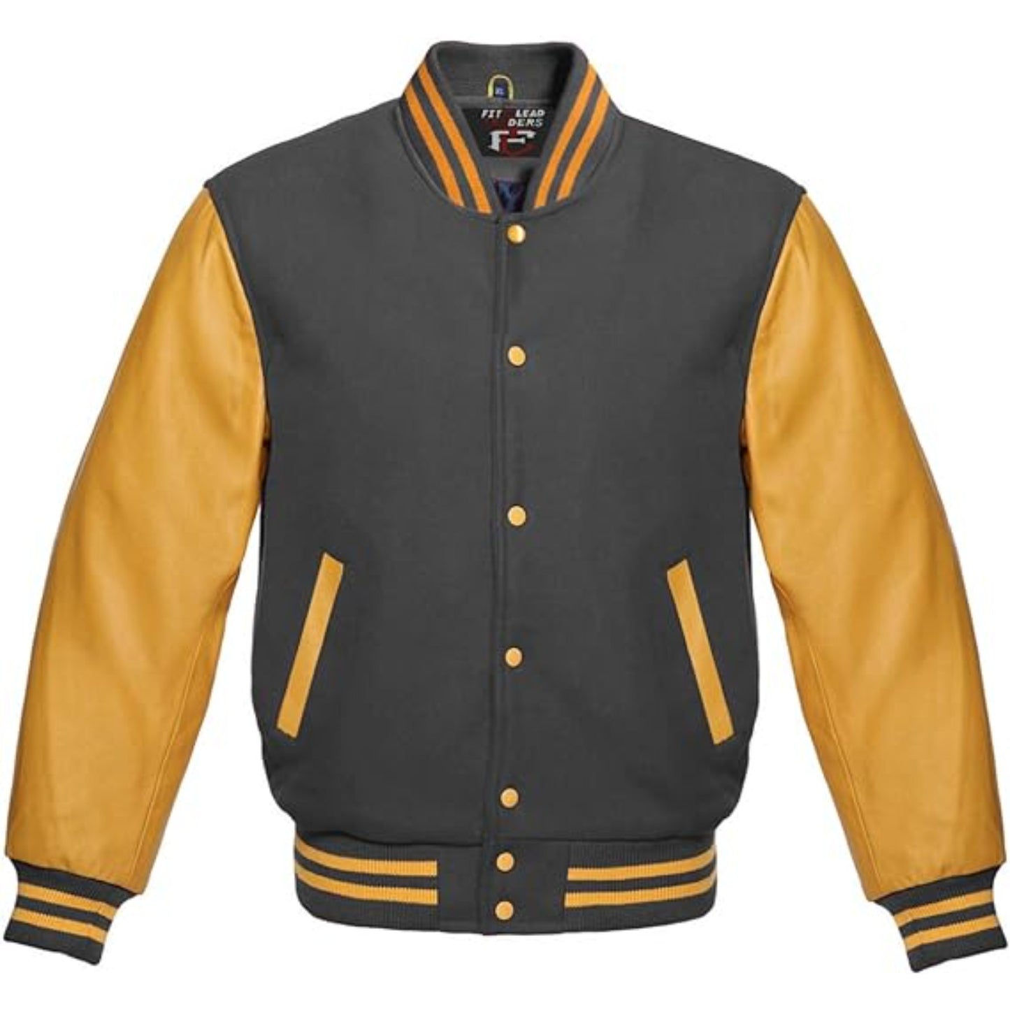 Gray and yellow varsity jacket on a white background